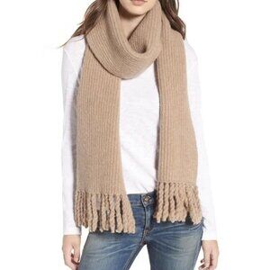 RAG & BONE Women’s Francie Bouclé Camel Ribbed Fringe Merino Wool Knit Scarf